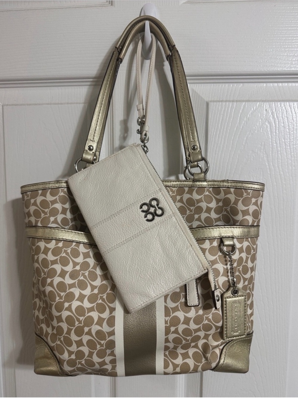 Vintage Coach Signature Stripe Tote Bag Gold Khaki + Matching Leather Wristlet